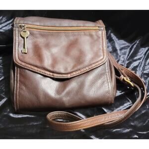 Fossil Womens Genuine Brown Leather Bag Handbag - Signature Lining Crossbody